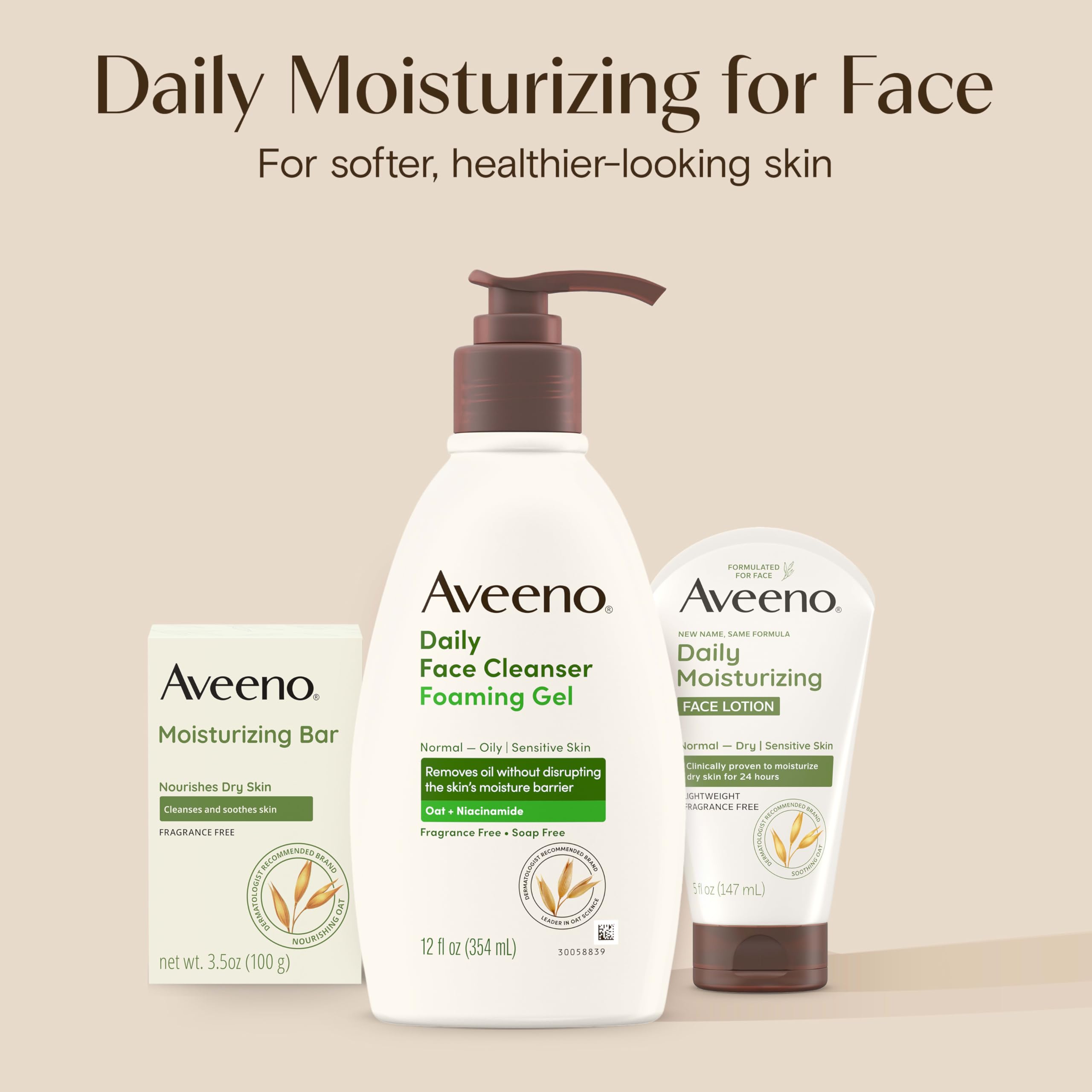 Badge indicating dermatologist recommendation and oat science behind Aveeno