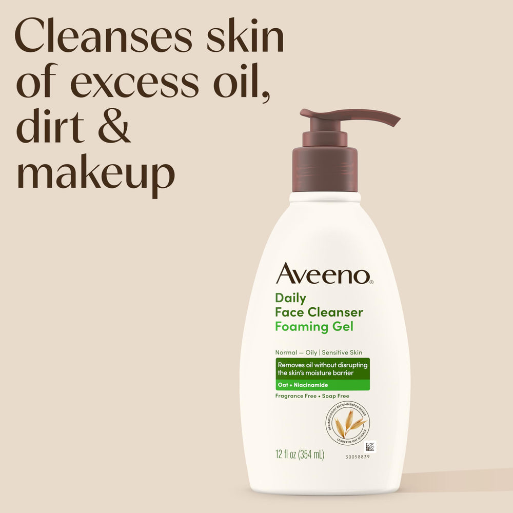 Aveeno facial cleanser label highlighting oat and niacinamide ingredients