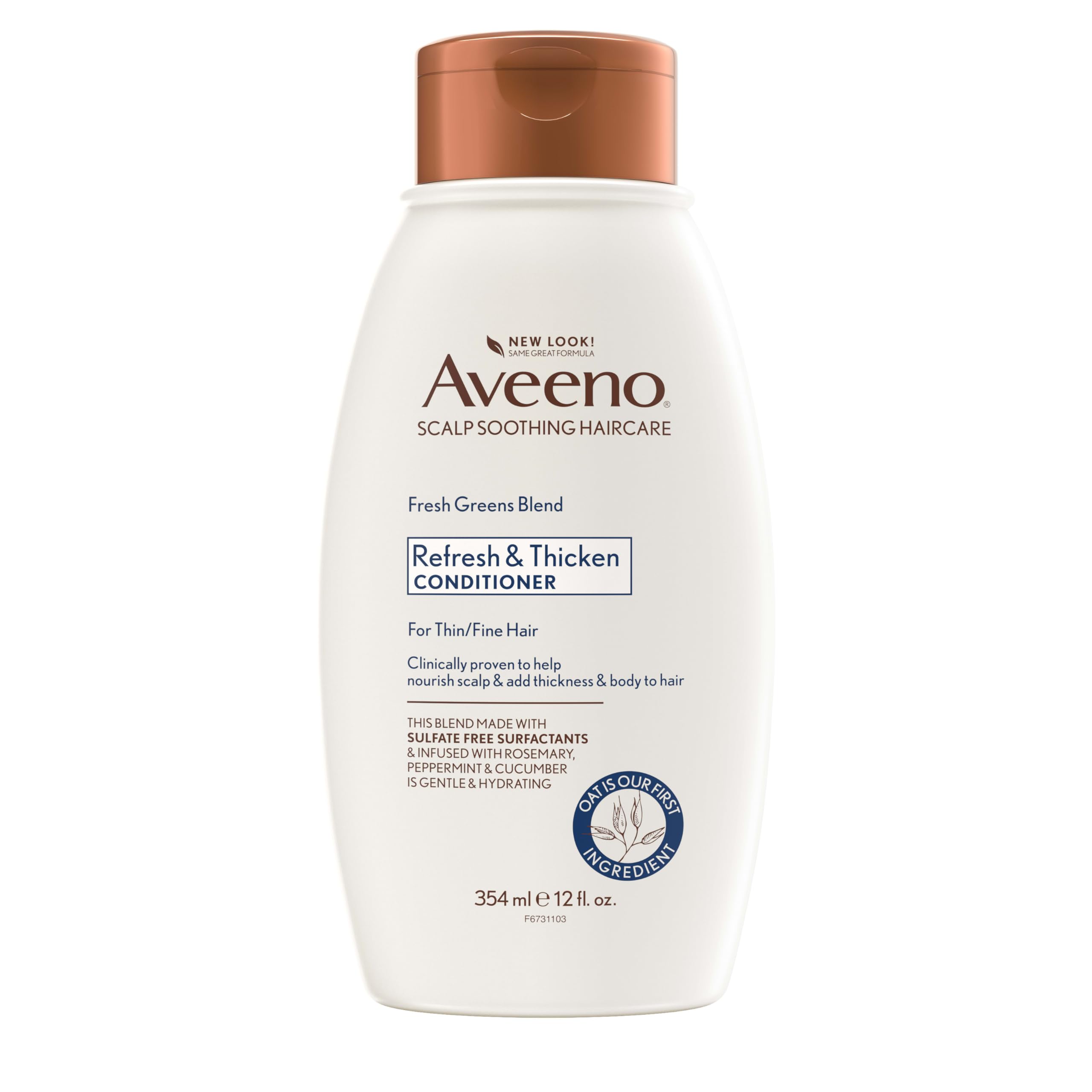 Aveeno Fresh Greens Blend conditioner bottle showing volumizing formula for fine hair.