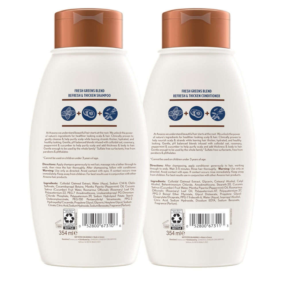 Aveeno Fresh Greens Conditioner bottle pour, delivering light moisture and detangling help.
