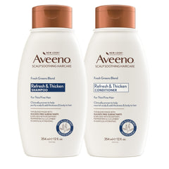 Aveeno Fresh Greens Shampoo bottle pour, boosting volume for fine hair.
