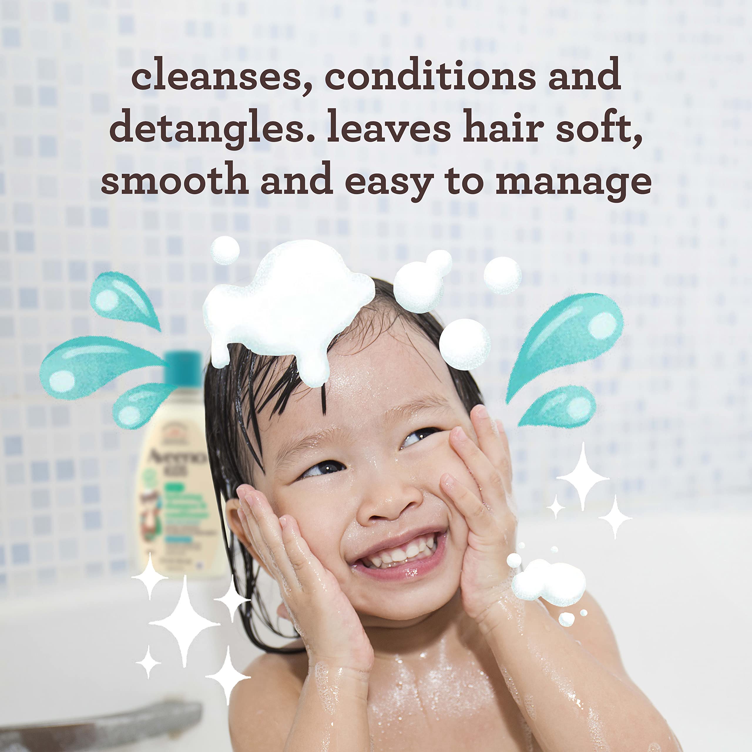 Aveeno Kids 2-in-1 bottle back highlights oat extract and hypoallergenic formula.