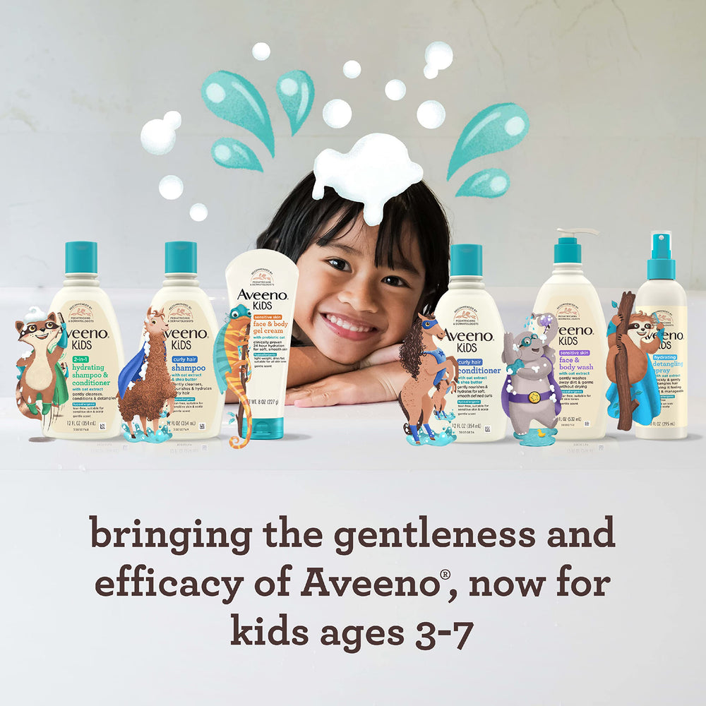 Aveeno Kids 2-in-1 tear-free graphic for gentle cleansing.