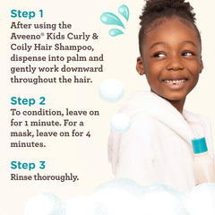 Application of Aveeno Kids Coily Hair Conditioner through toddler hair for soft coils.