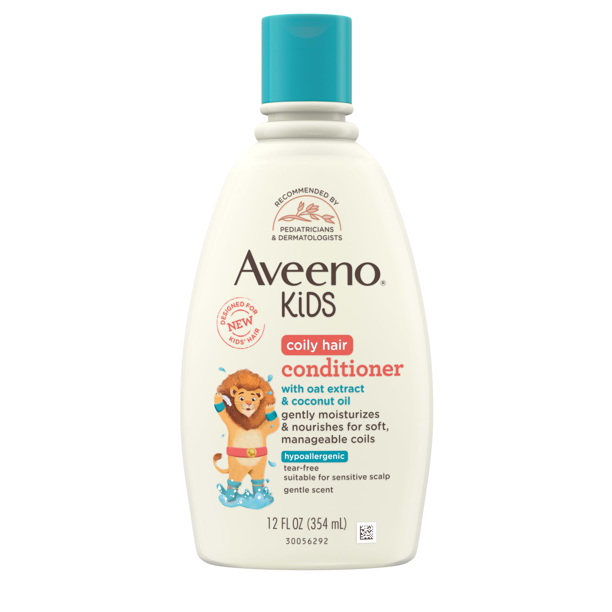 Aveeno Kids Coily Hair Conditioner bottle promotes detangling and moisturized curls.