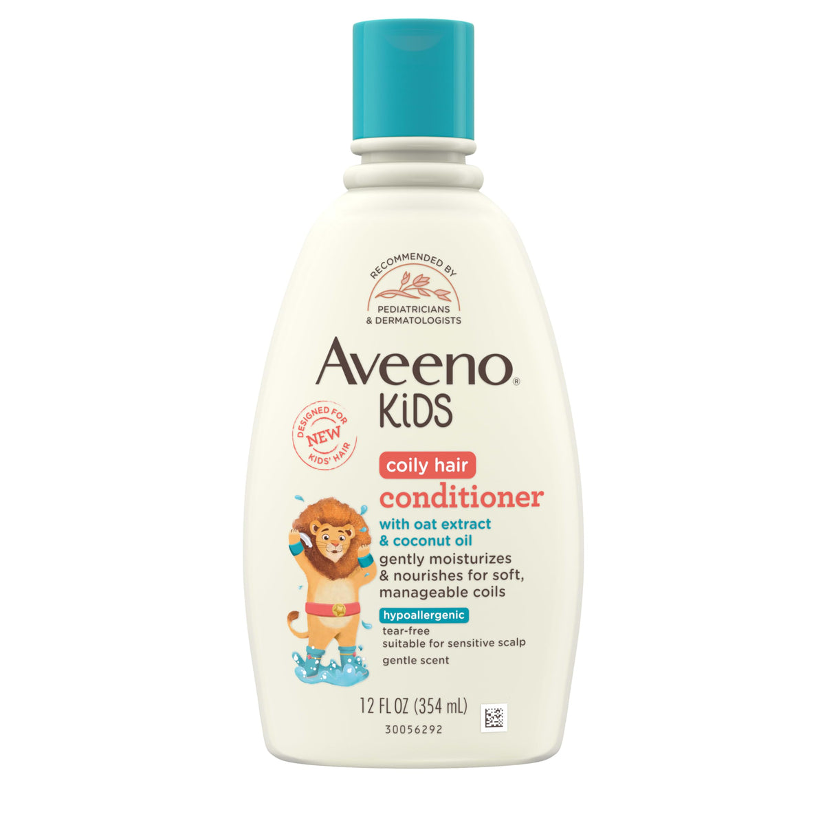 Aveeno Kids Coily Hair Conditioner bottle promotes detangling and moisturized curls.
