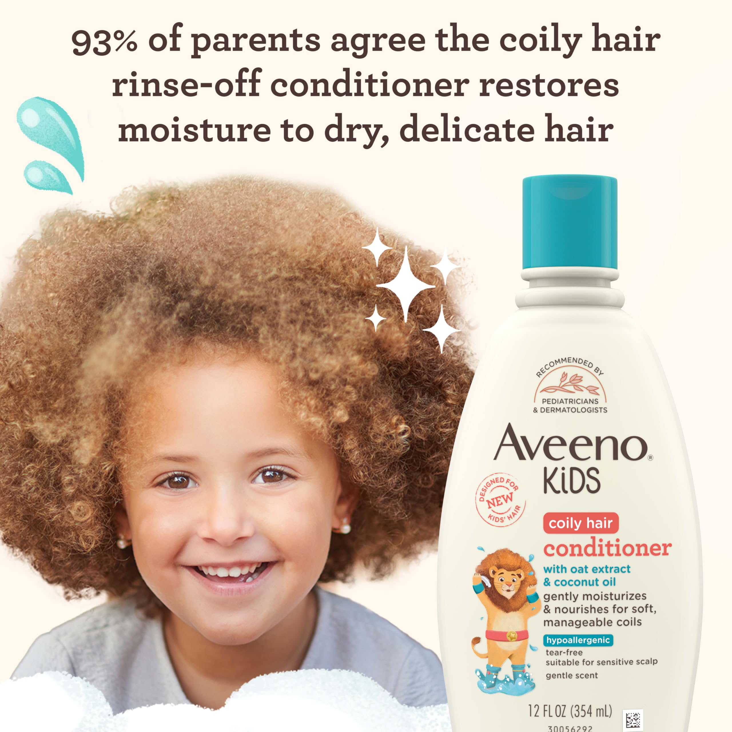 Close-up of Aveeno Kids conditioner being poured for detangling and curl definition.