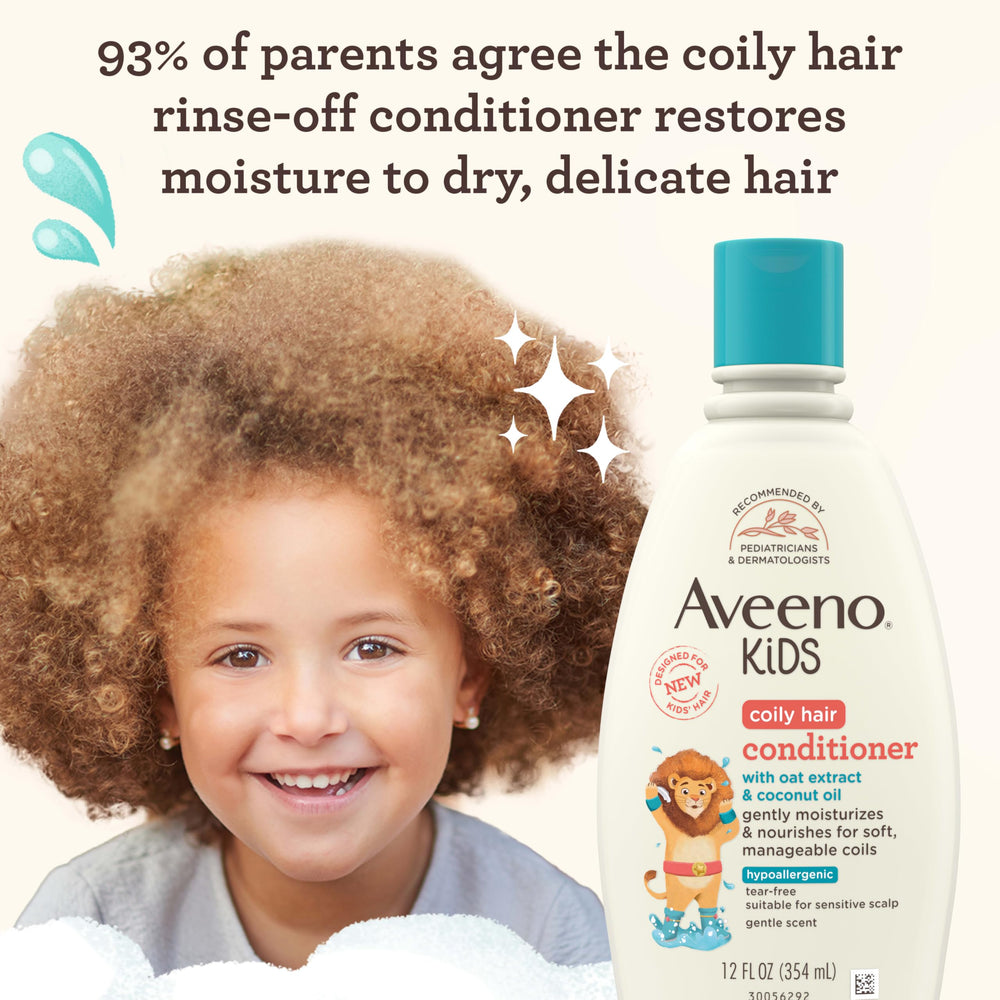Close-up of Aveeno Kids conditioner being poured for detangling and curl definition.