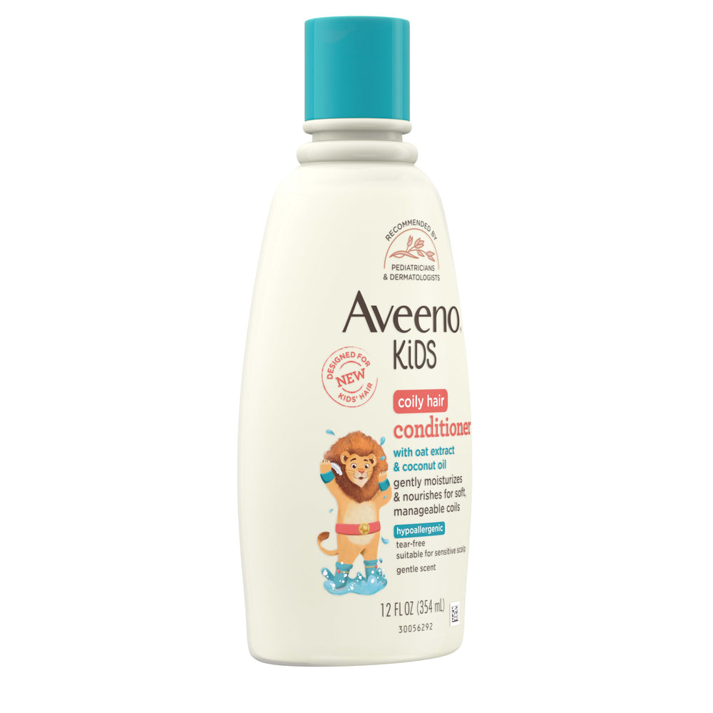 Soft coils and defined curls achieved with Aveeno Kids conditioner on hair.
