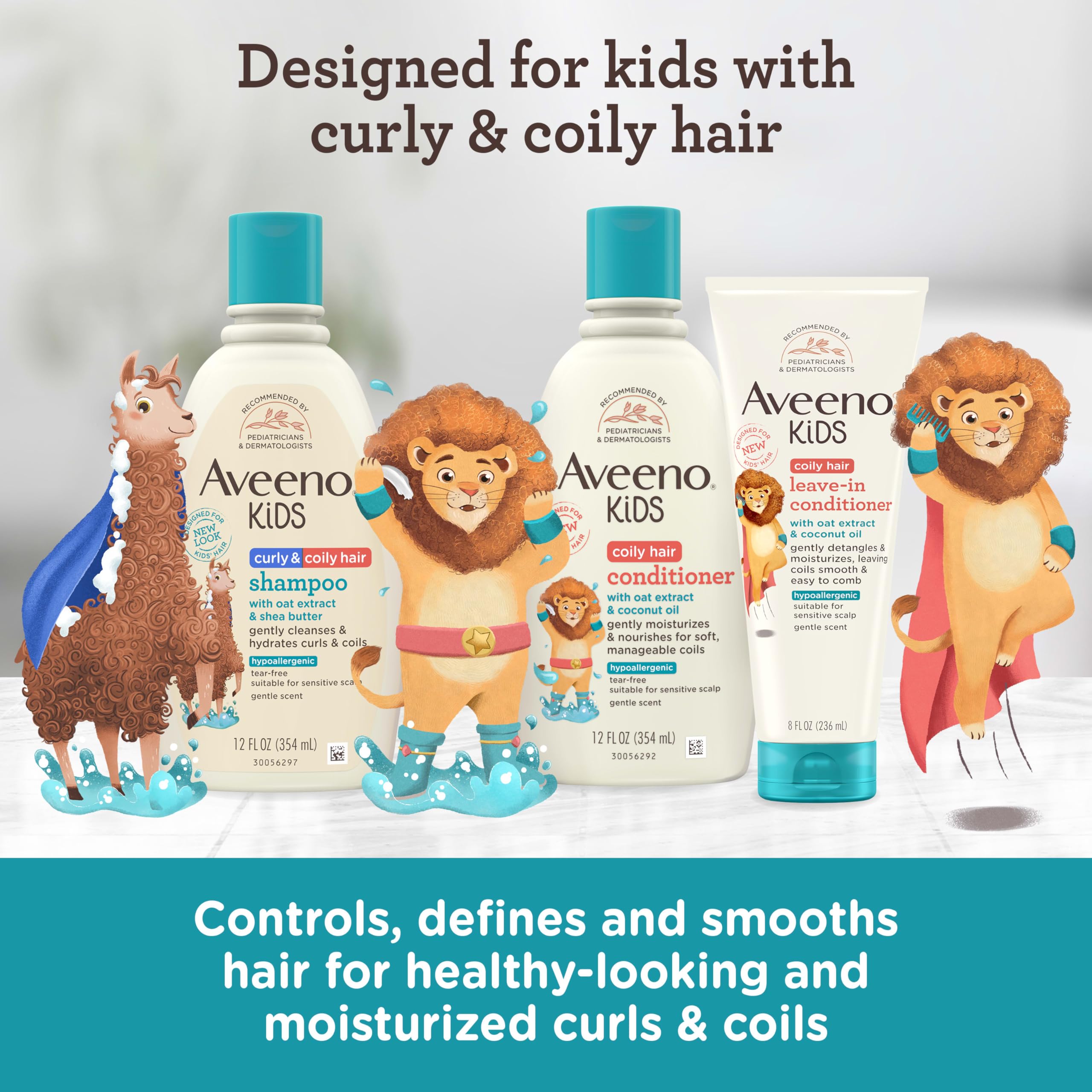 Happy toddler curls after detangling with Aveeno conditioner.