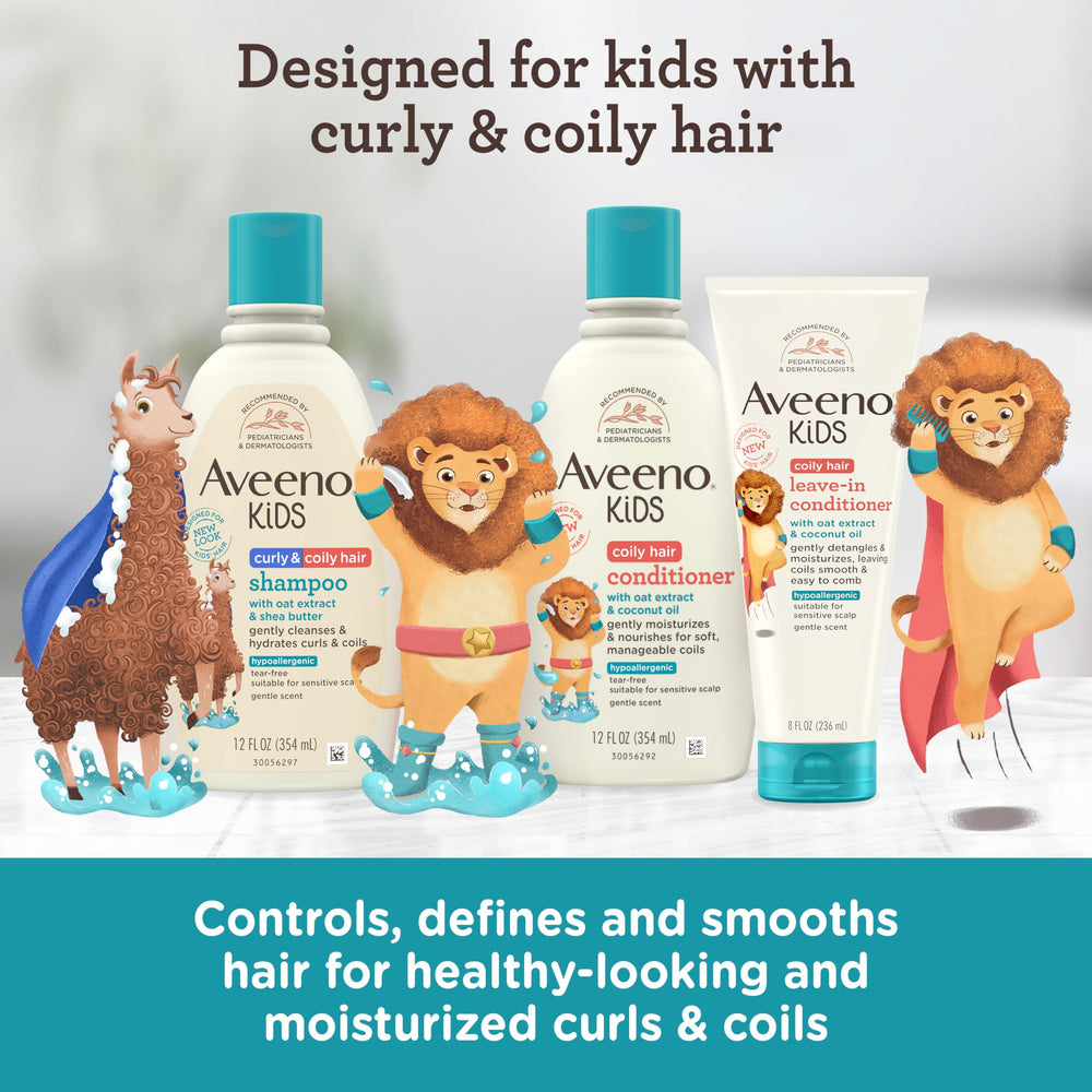 Happy toddler curls after detangling with Aveeno conditioner.
