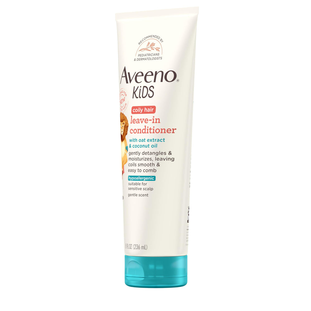 Aveeno Kids Coily Leave-In Conditioner 8oz bottle highlights pediatrician and dermatologist recommended branding.