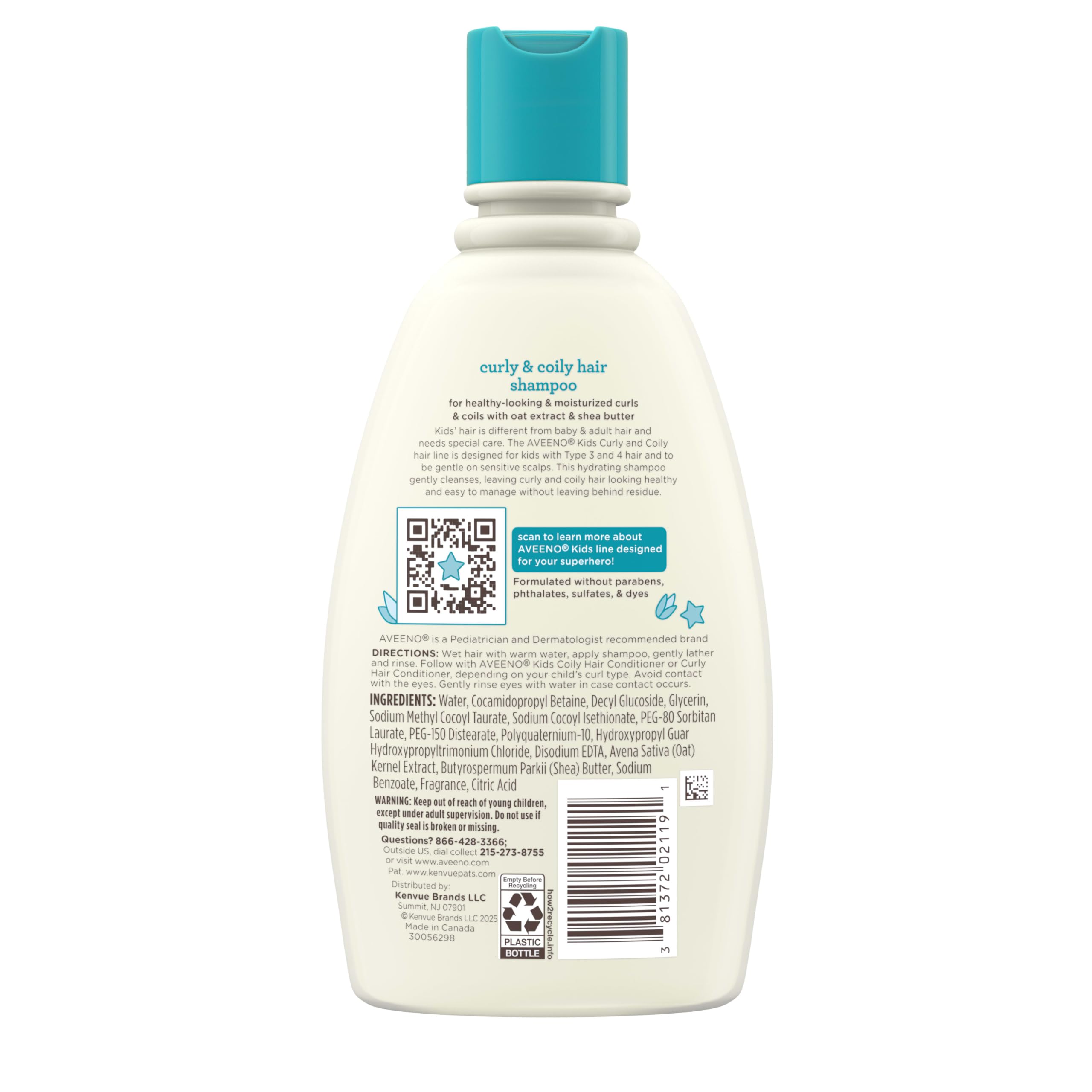 Aveeno Kids Curly and Coily Shampoo signals hypoallergenic formula for sensitive skin