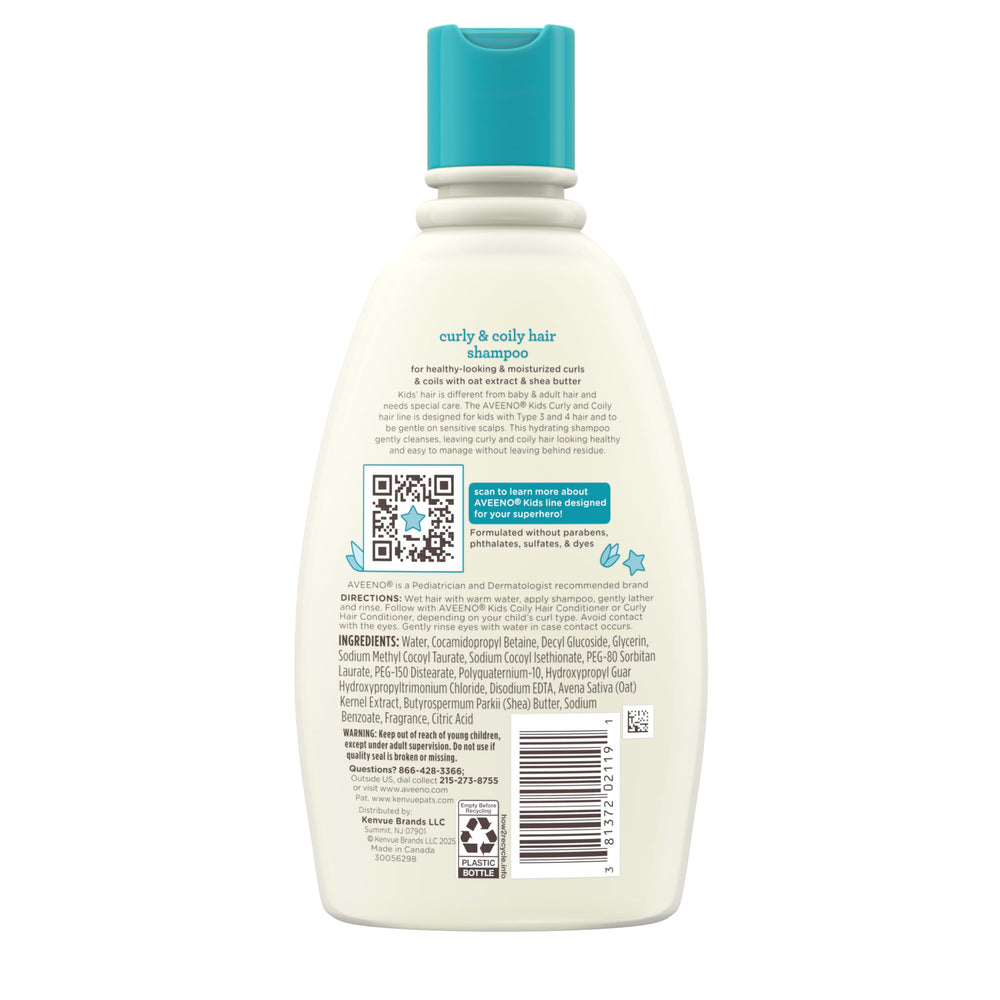Aveeno Kids Curly and Coily Shampoo signals hypoallergenic formula for sensitive skin