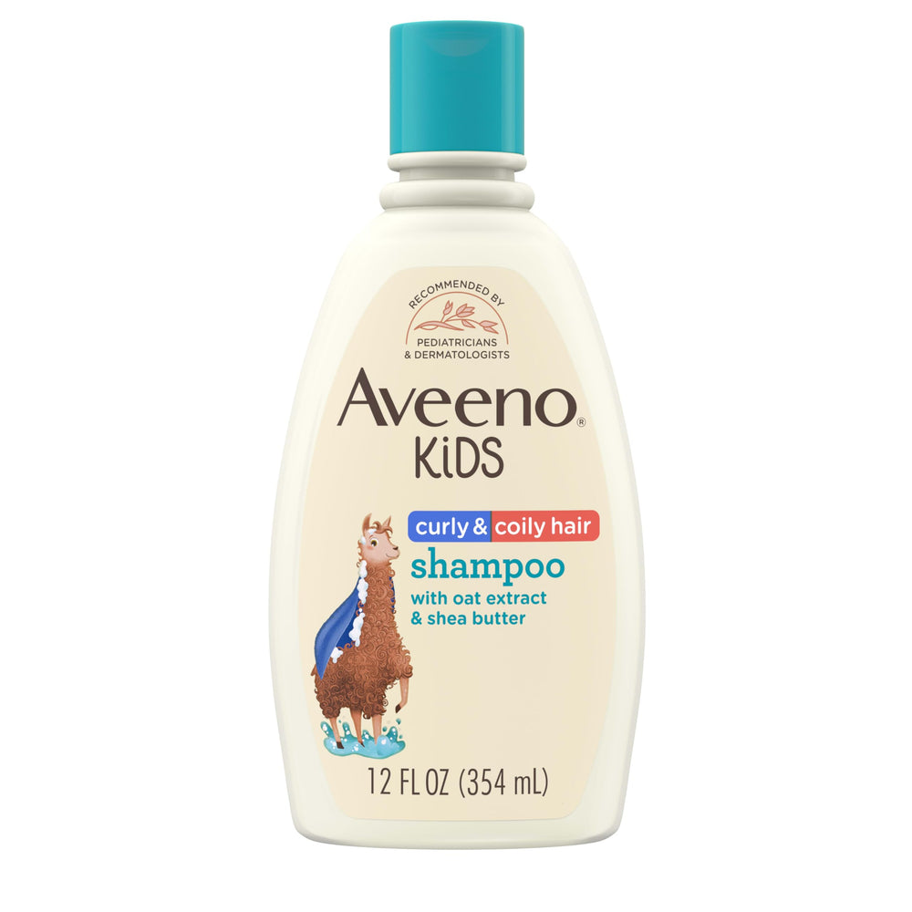 Aveeno Kids Curly and Coily Shampoo bottle shows gentle cleansing for sensitive scalps