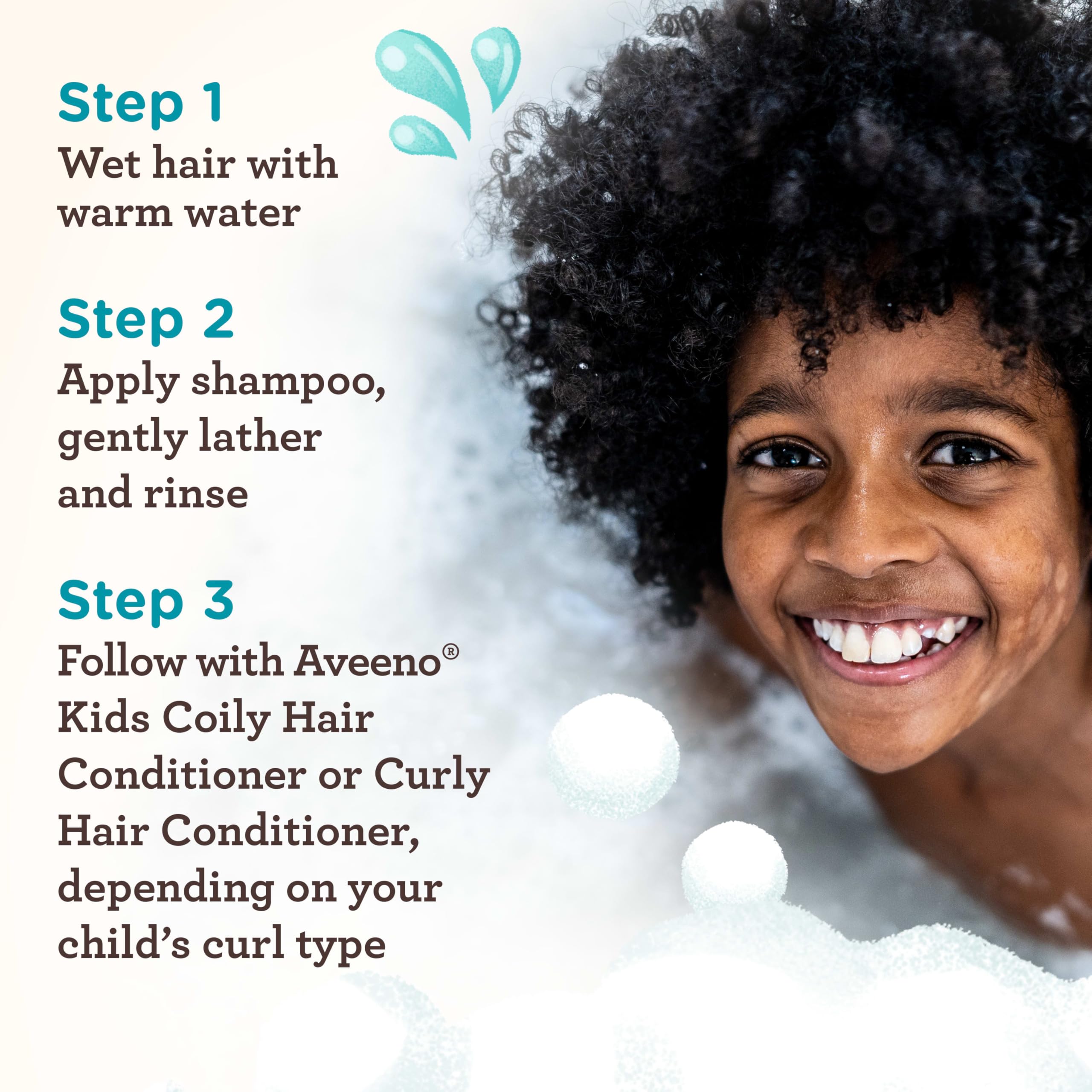 Aveeno Kids Curly and Coily Shampoo packaging closeup highlights oat extract and shea butter