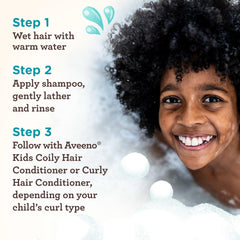 Aveeno Kids Curly and Coily Shampoo packaging closeup highlights oat extract and shea butter