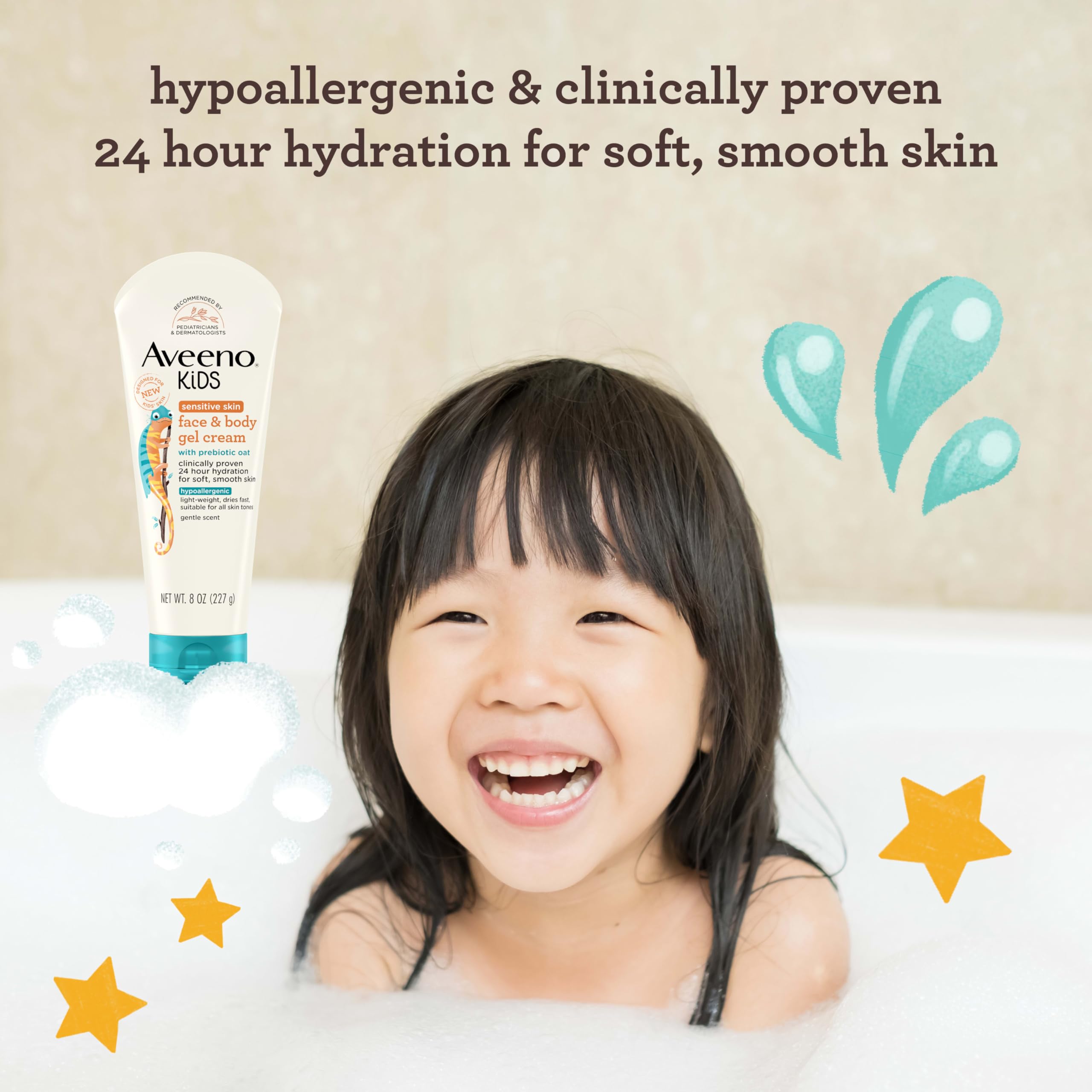 Close-up texture of Aveeno Kids gel cream showing light, fast-absorbing formula.