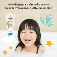 Close-up texture of Aveeno Kids gel cream showing light, fast-absorbing formula.