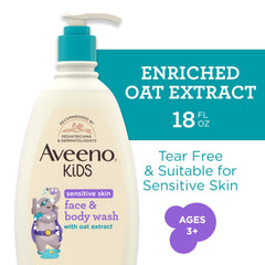 Aveeno Kids wash with oat extract highlighting nourishment for developing skin.