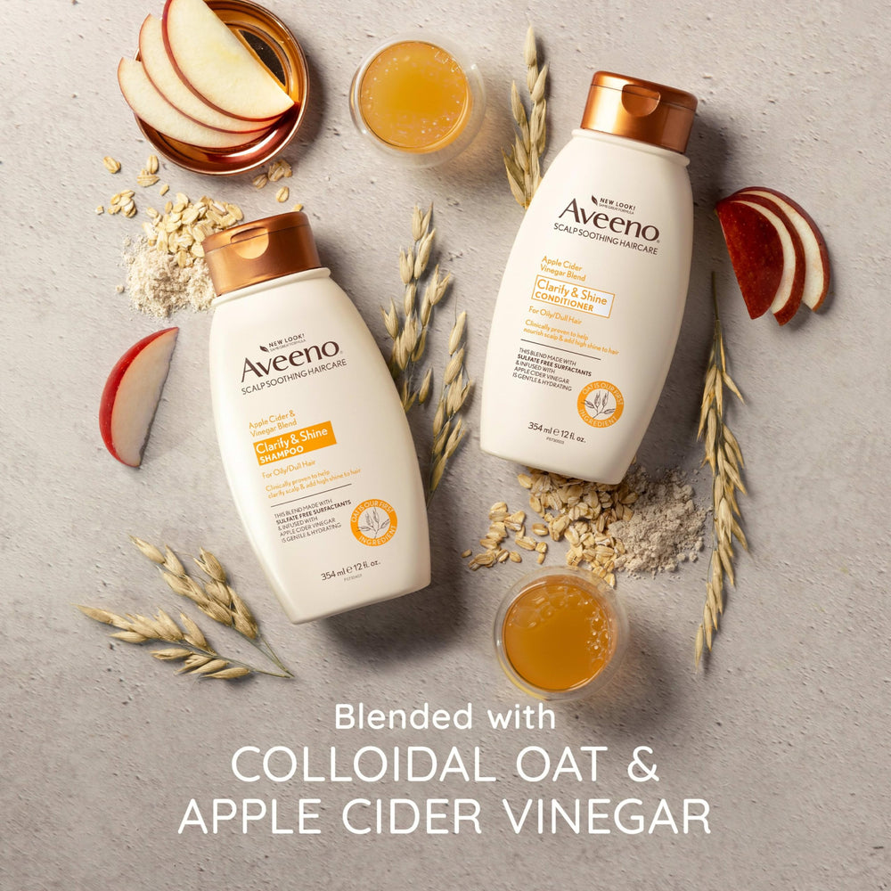 Aveeno set on bathroom shelf suggesting daily shower routine ease