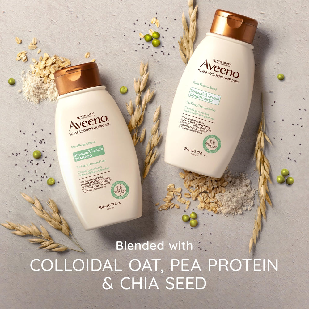 Frizz-control action demonstrated by smooth, manageable hair after cleansing with Aveeno.