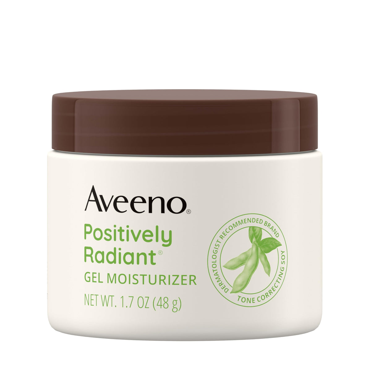 Aveeno Positively Radiant bottle close-up highlighting hydrating gel for brighter skin.
