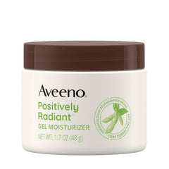 Aveeno Positively Radiant bottle close-up highlighting hydrating gel for brighter skin.