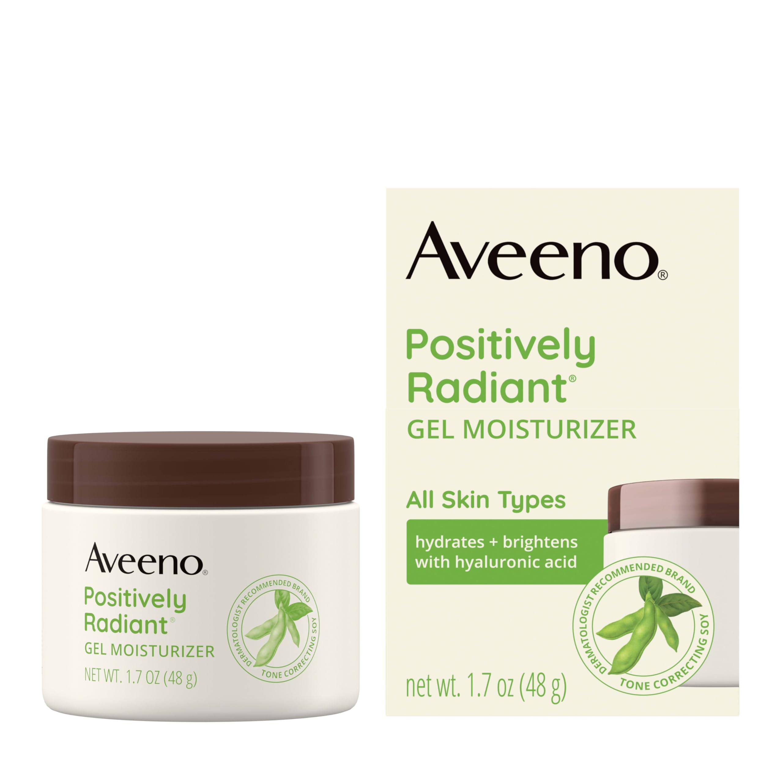 Aveeno Positively Radiant 1.7 oz jar displayed for everyday use.