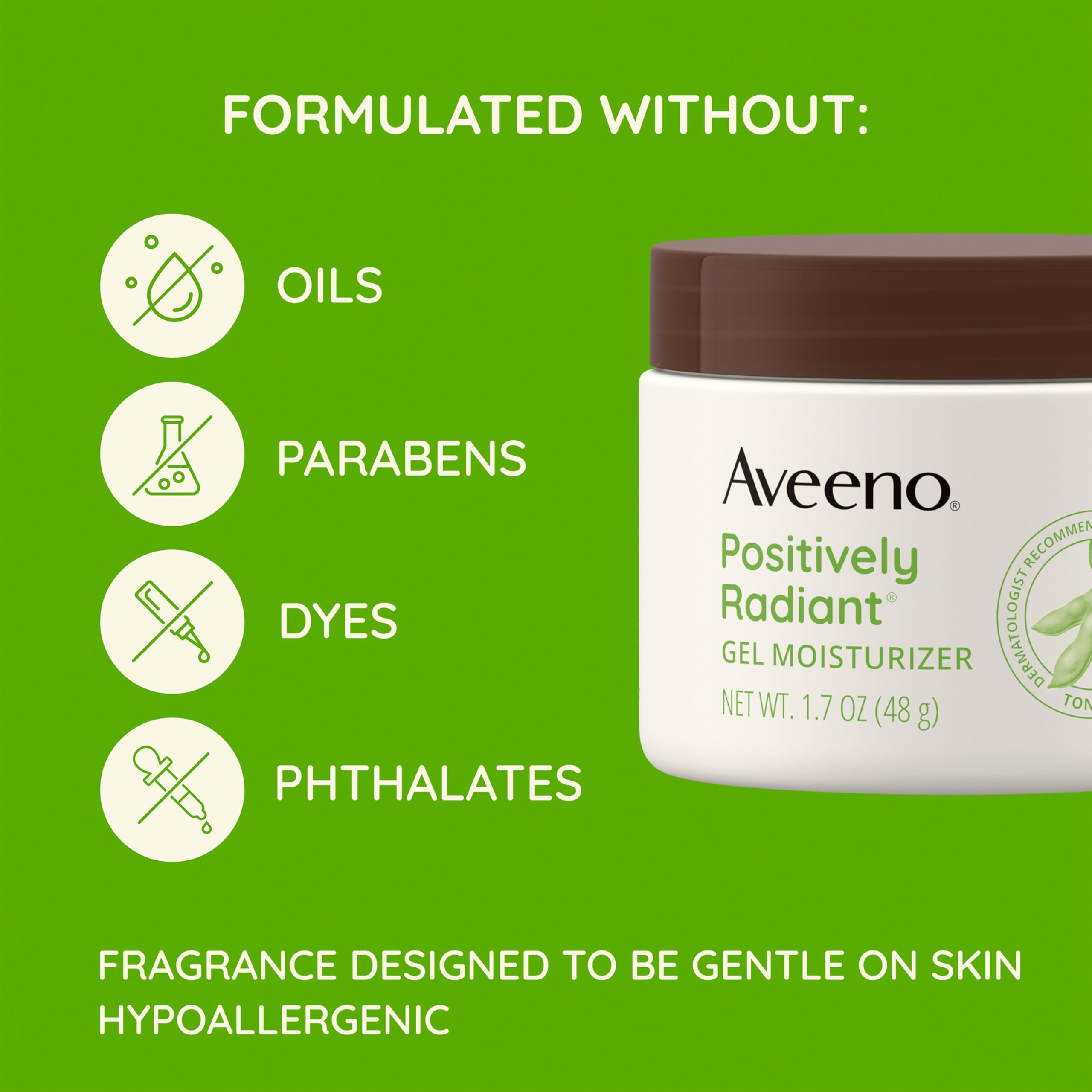 Aveeno Positively Radiant oil-free formula label signals lightweight daily moisture.