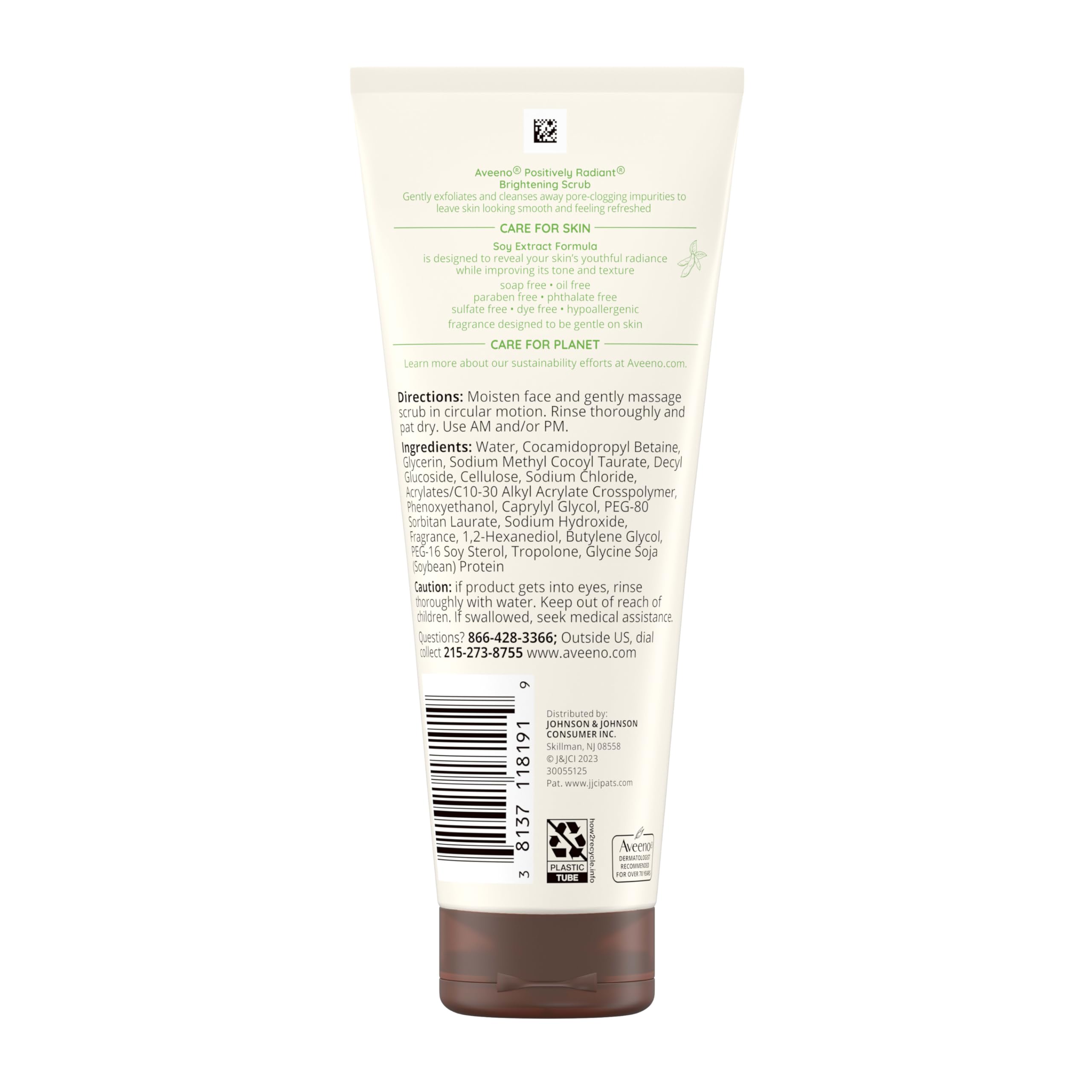 Aveeno Positively Radiant scrub application on cheek illustrates daily use for even skin tone