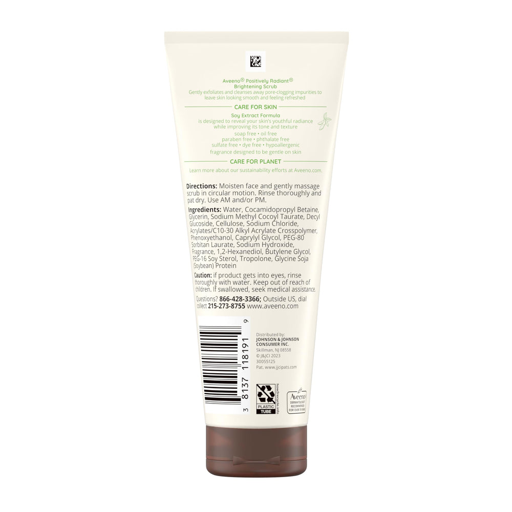 Aveeno Positively Radiant scrub application on cheek illustrates daily use for even skin tone
