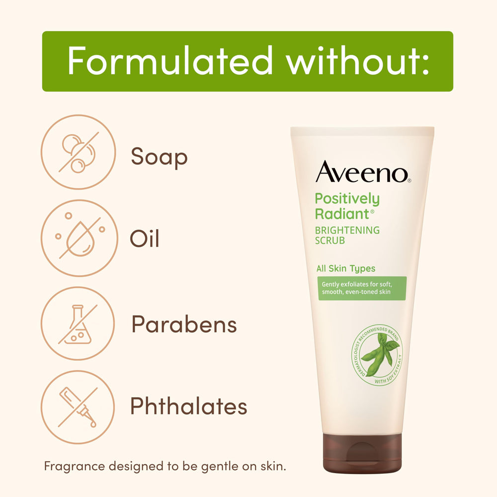 Aveeno Positively Radiant soy extract ingredient icon suggests a moisture-rich formula