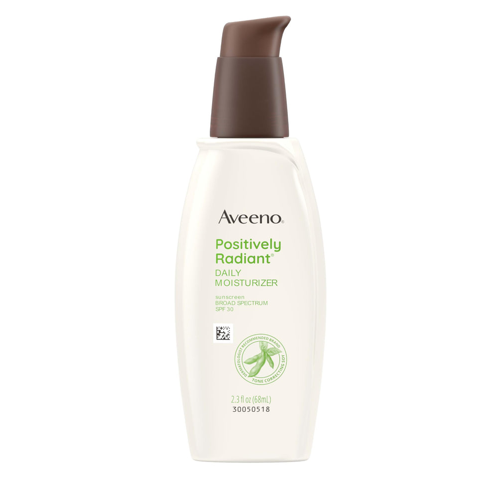 Aveeno Positively Radiant SPF 30 bottle front shows protection and radiance