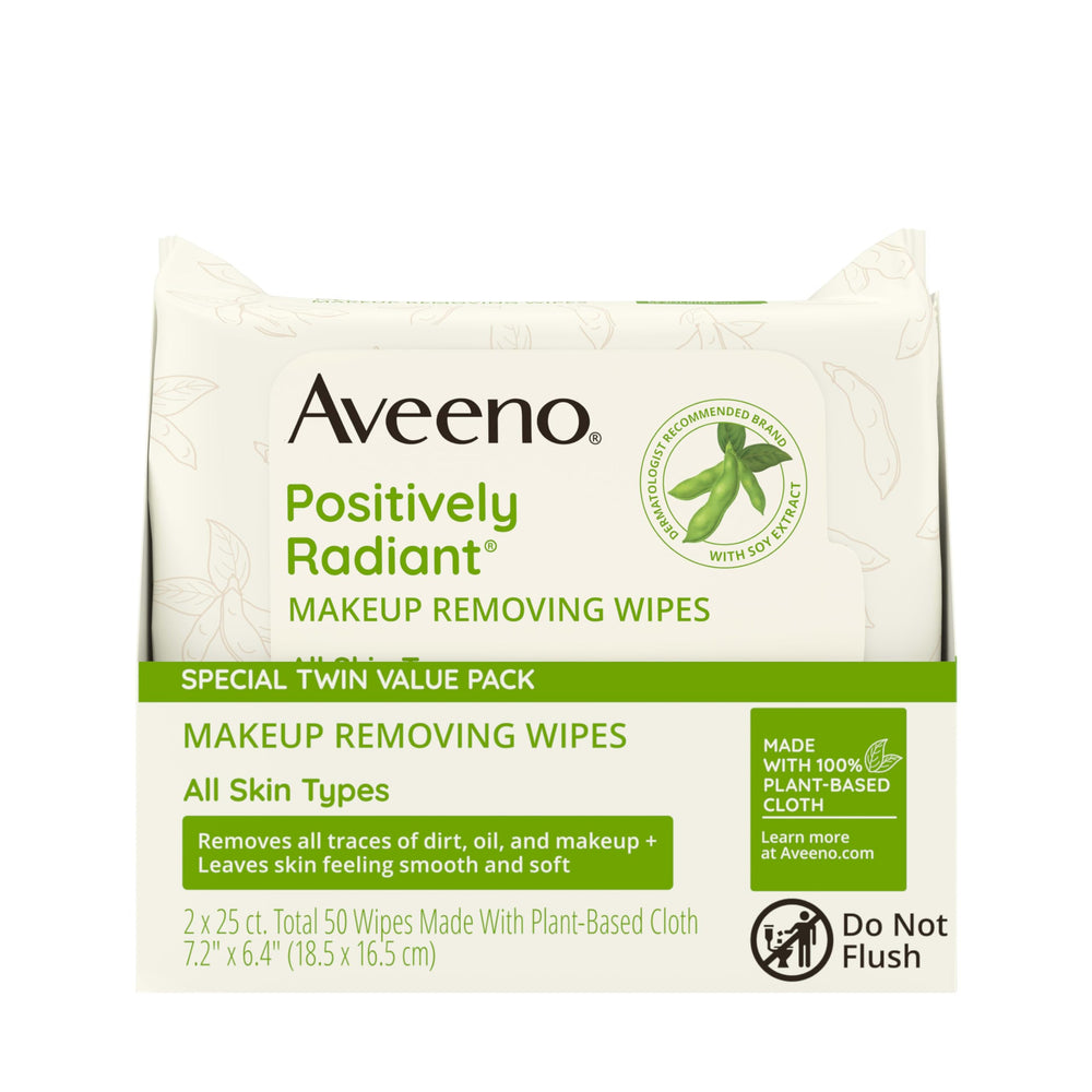 Aveeno Positively Radiant wipes used around the eye area for comfortable cleansing.