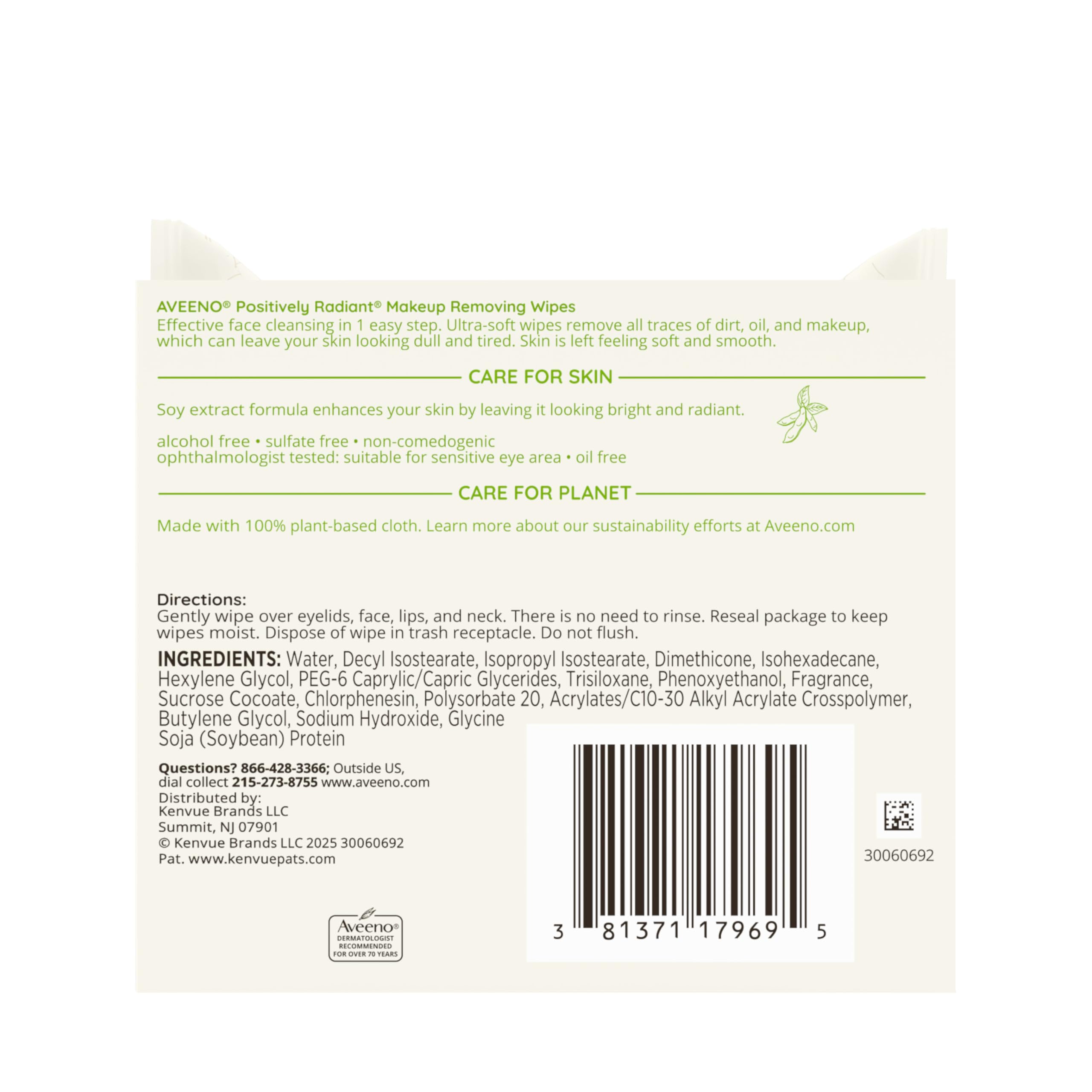 Aveeno Positively Radiant wipes with soy extract for nourishing feel.