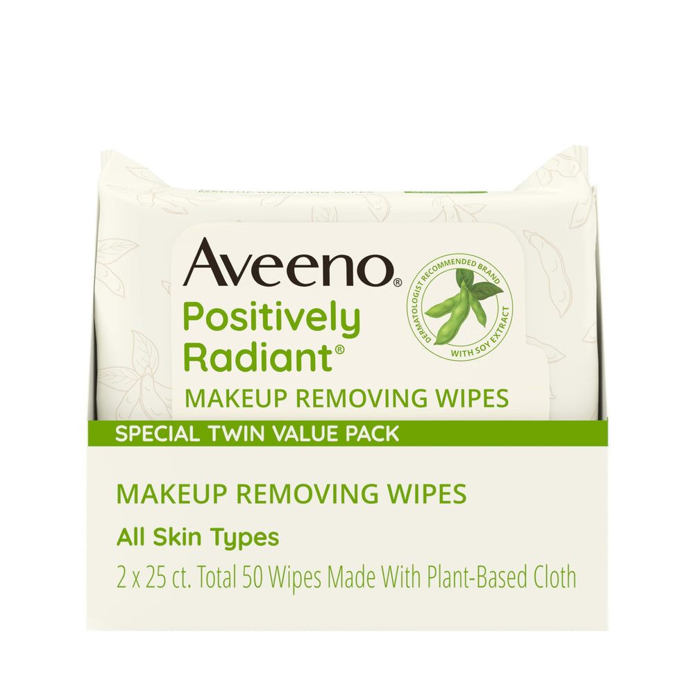 Aveeno Positively Radiant wipes twin-pack front view for gentle, oil-free cleansing.