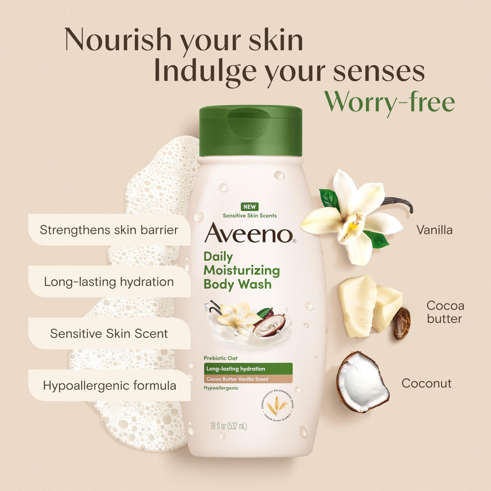 Aveeno prebiotic oat close-up; supports skin-friendly daily cleansing.