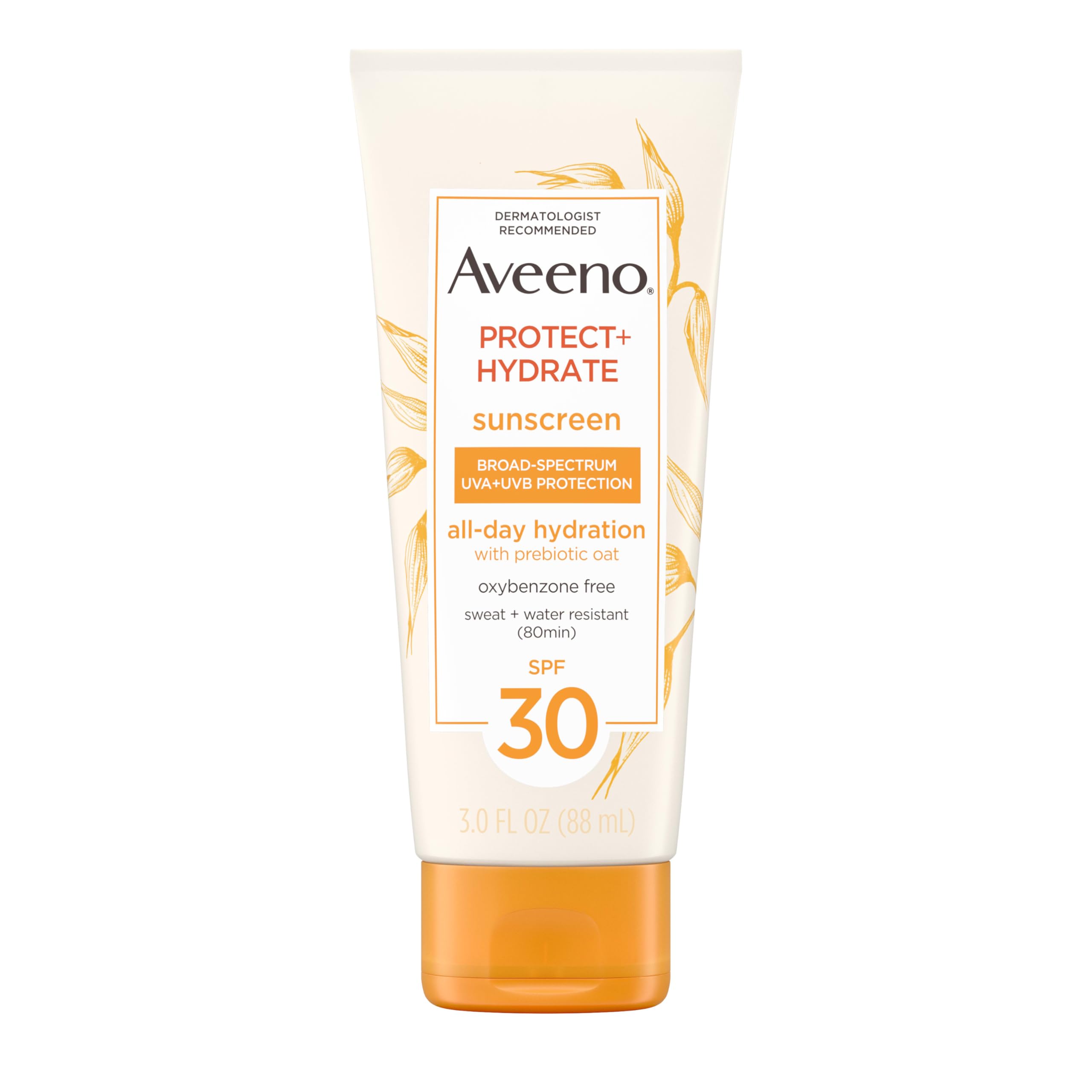 Aveeno Protect and Hydrate SPF 30 bottle showing broad-spectrum protection for daily sun use.