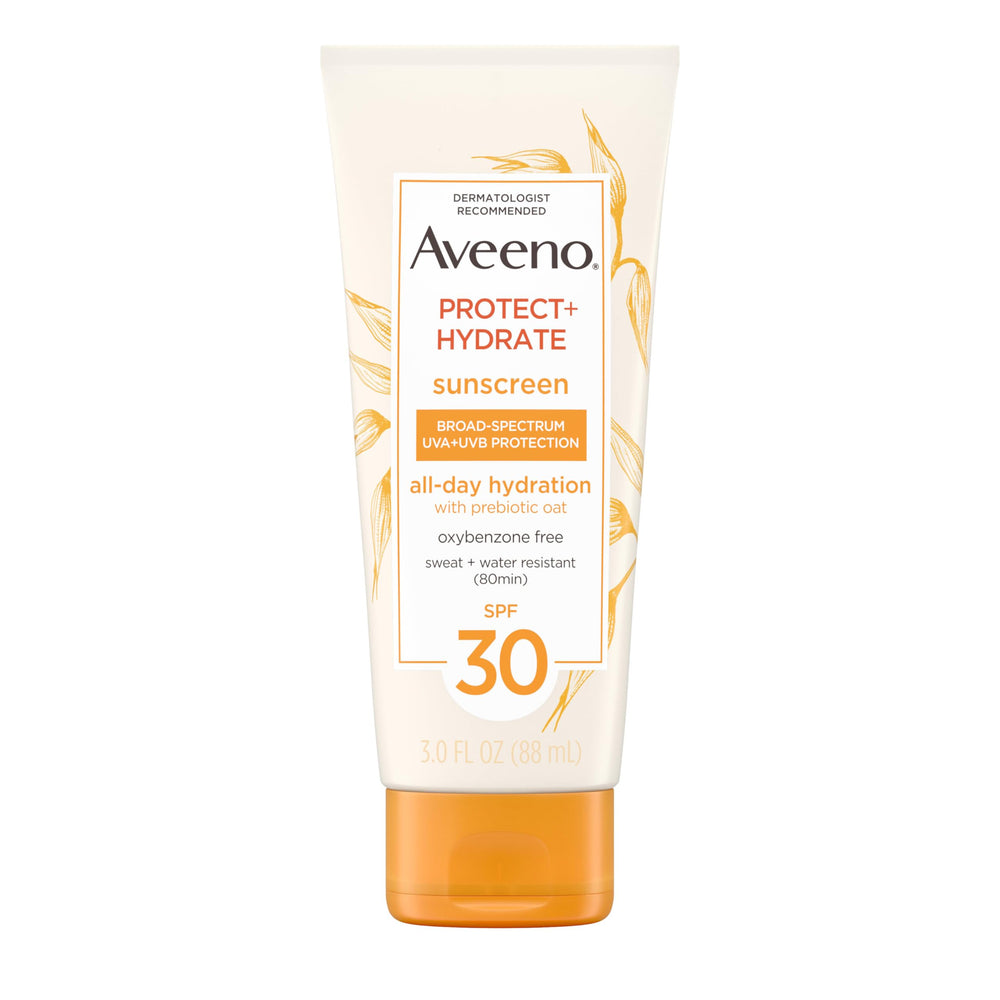 Aveeno Protect and Hydrate SPF 30 bottle showing broad-spectrum protection for daily sun use.