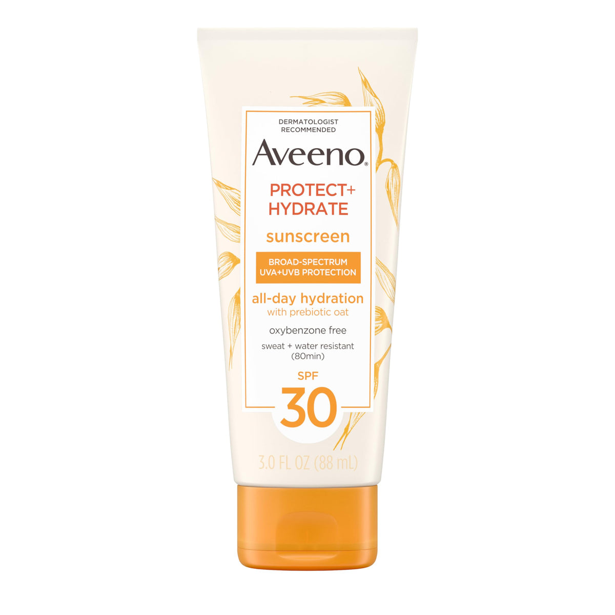 Aveeno Protect and Hydrate SPF 30 bottle showing broad-spectrum protection for daily sun use.