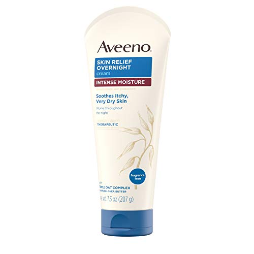 Aveeno Skin Relief Overnight Moisture Cream fragrance-free label close-up.