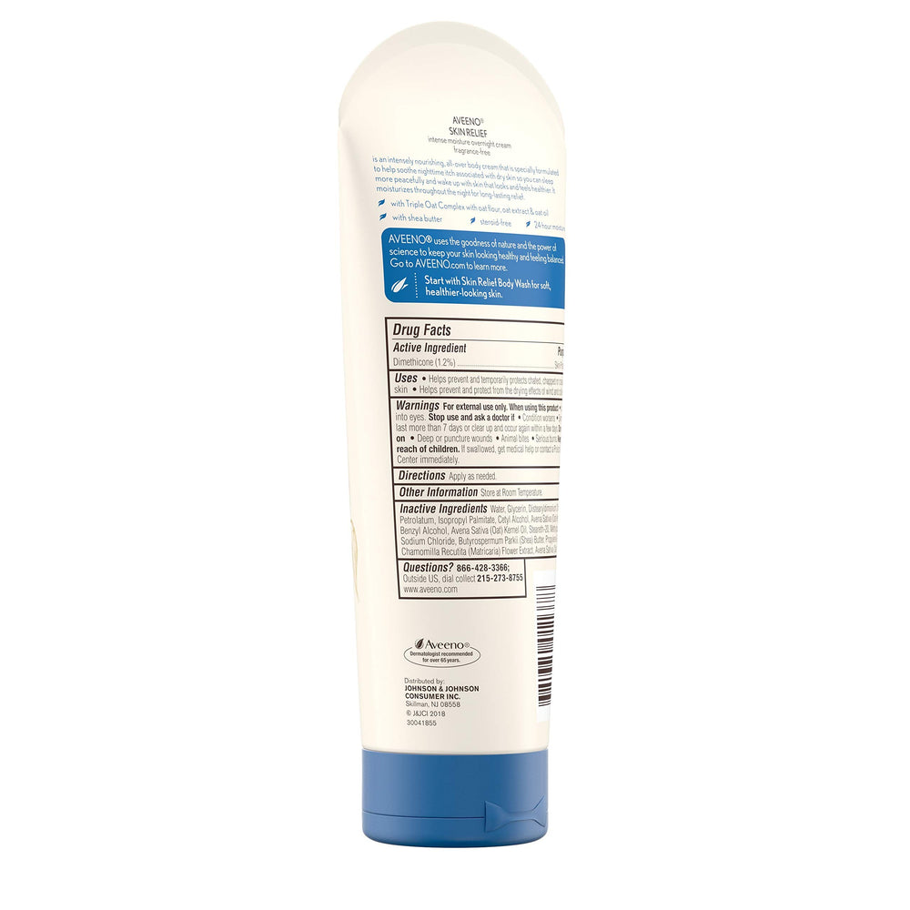 Aveeno Skin Relief Overnight Moisture Cream texture close-up showing creamy emollients.