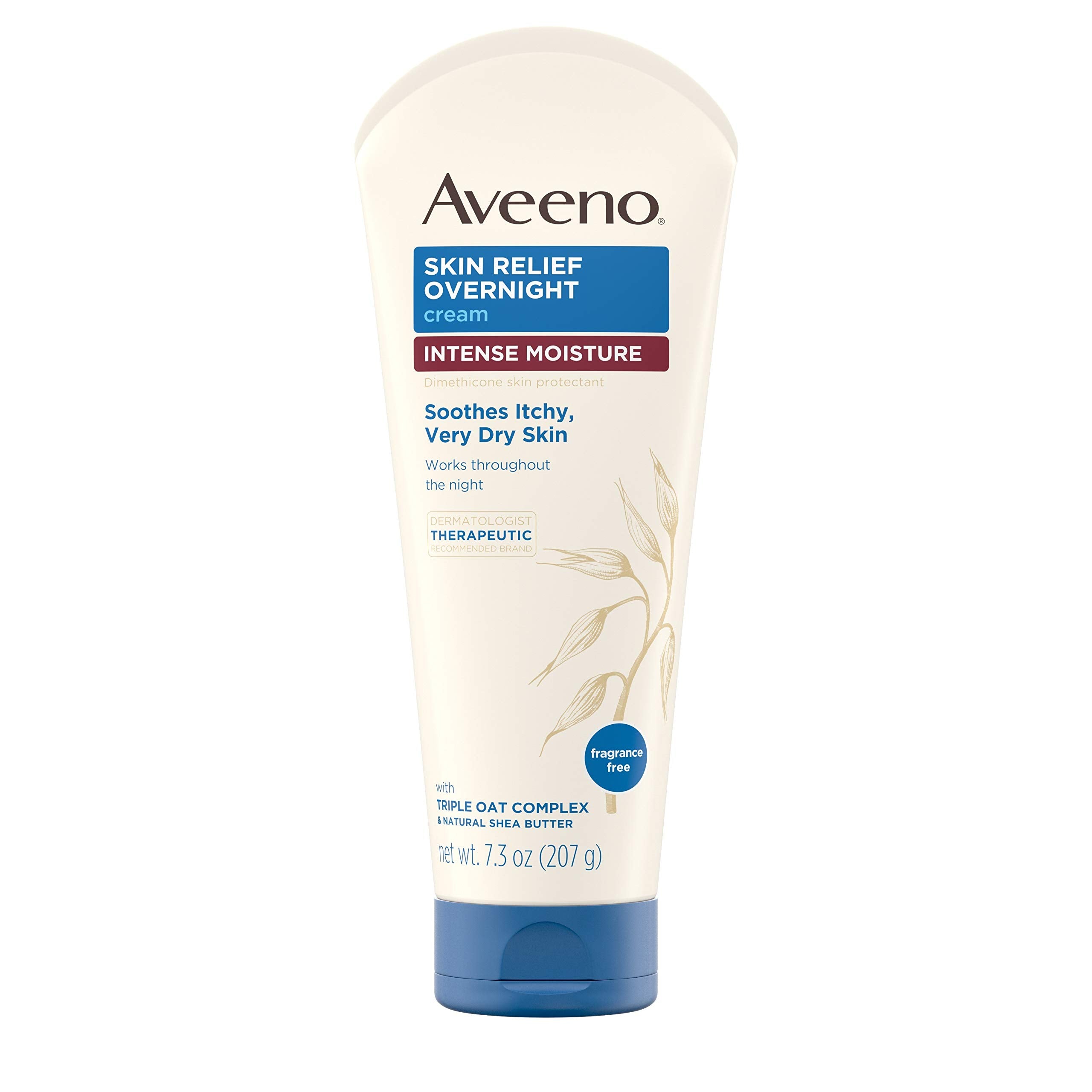 Aveeno Skin Relief Overnight Moisture Cream tube close-up with rich hydration.