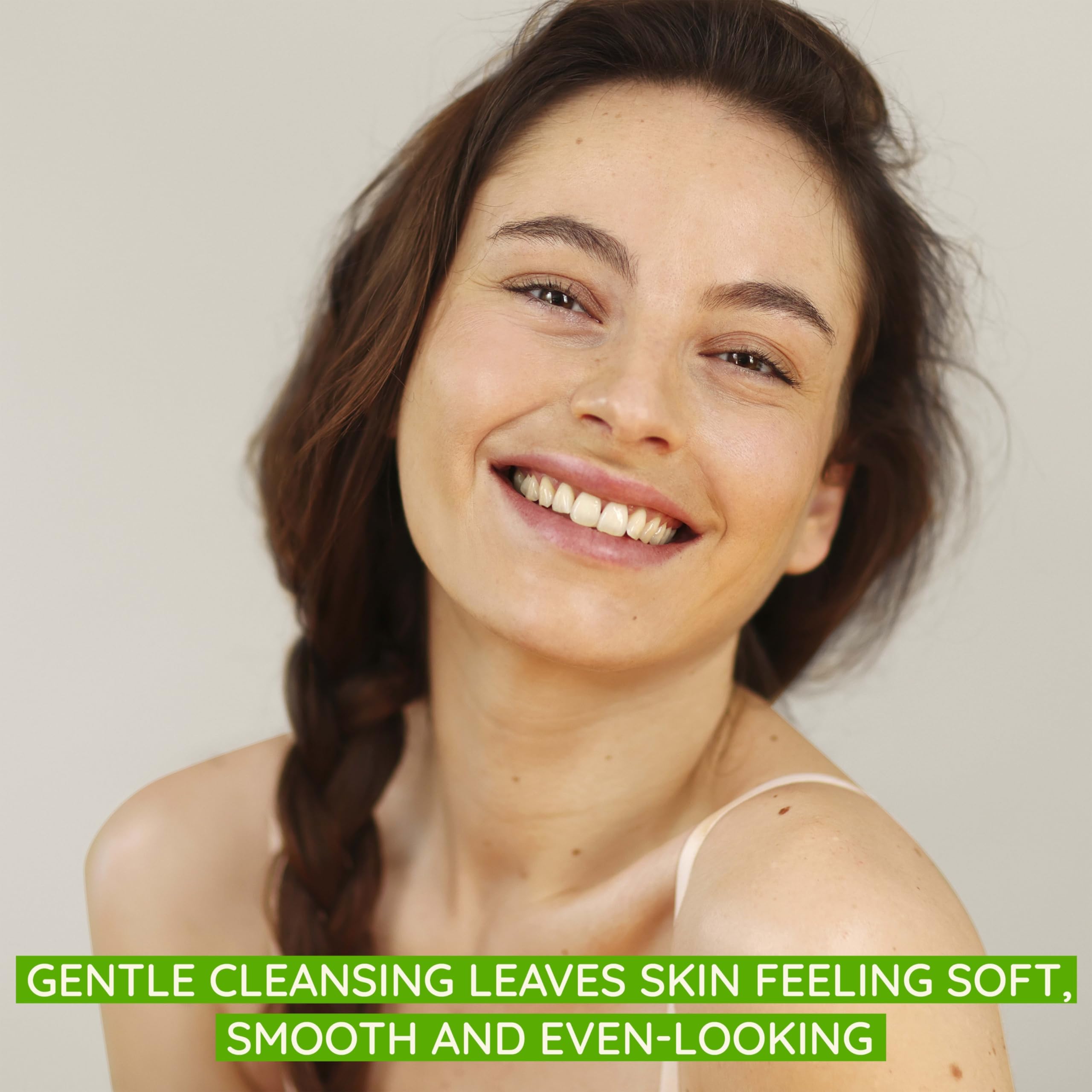 Aveeno soy-extract closeup highlighting tone and texture improvement.