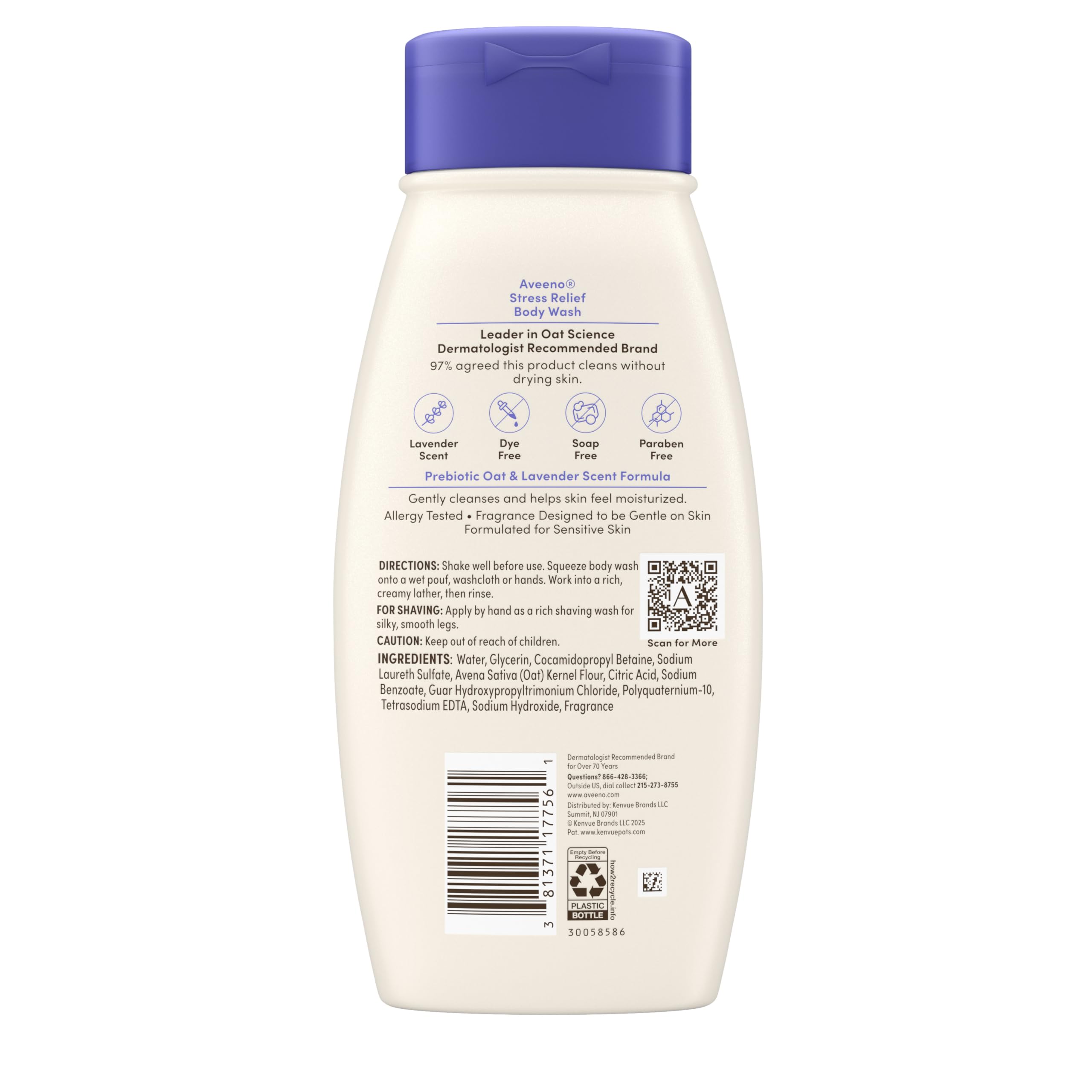 Aveeno Stress Relief Body Wash eco-packaging with 30% post-consumer recycled plastic.