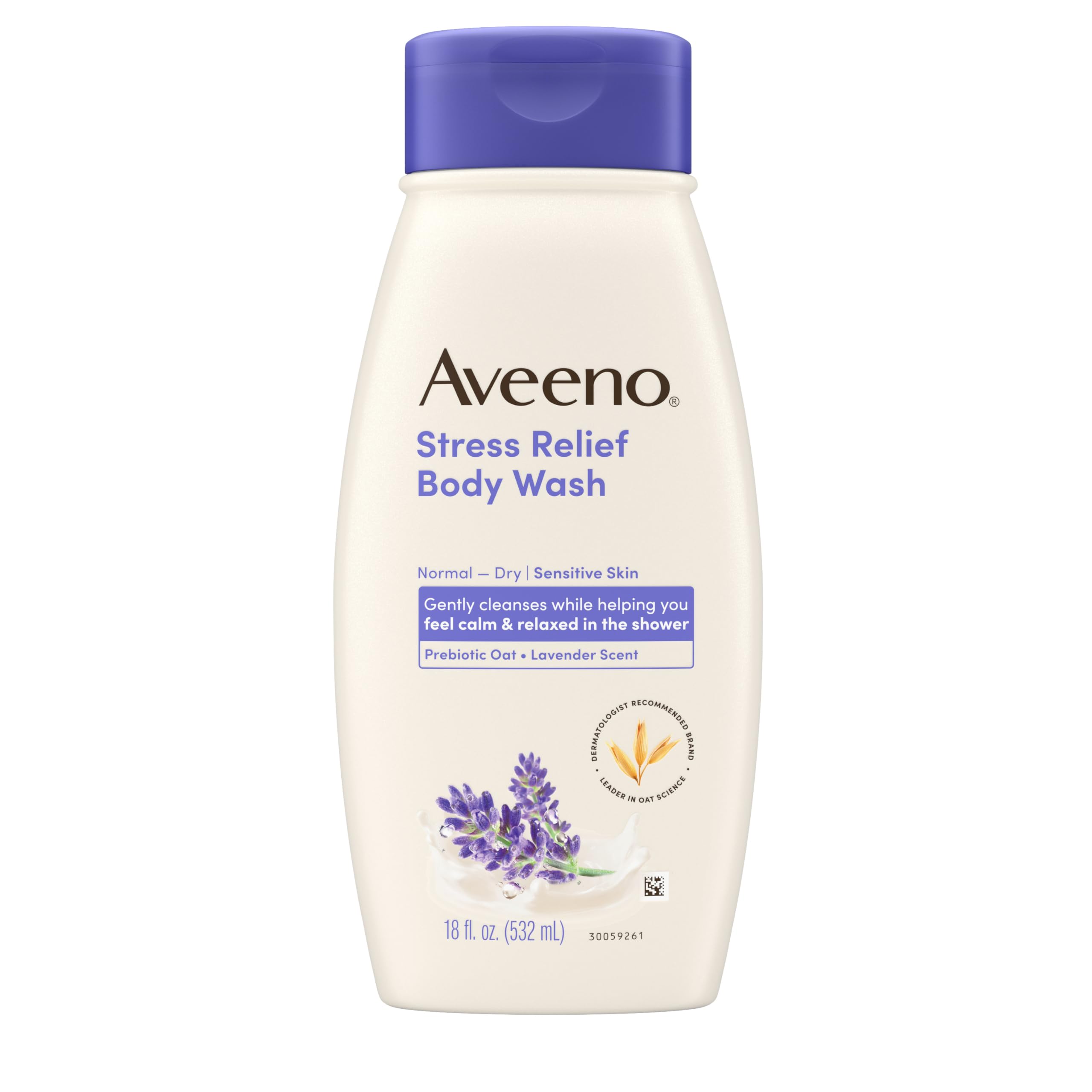 Aveeno Stress Relief Body Wash bottle with lavender scent for a calming shower.