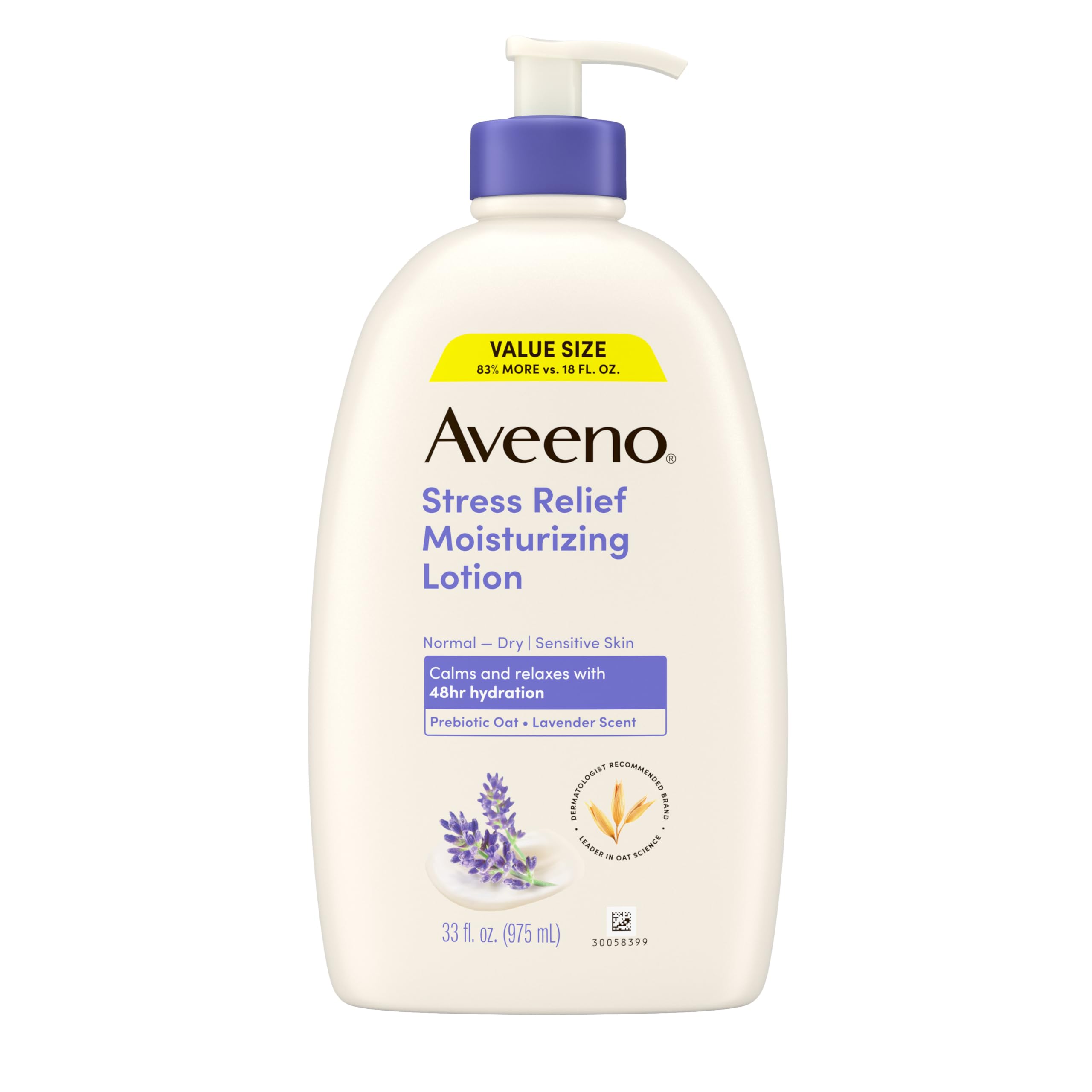 Aveeno Stress Relief Lotion bottle pouring for quick hydration and calm skin.