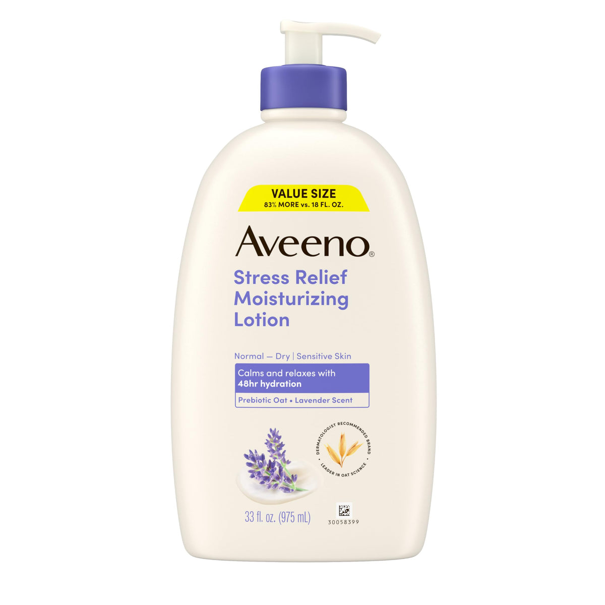 Aveeno Stress Relief Lotion bottle pouring for quick hydration and calm skin.