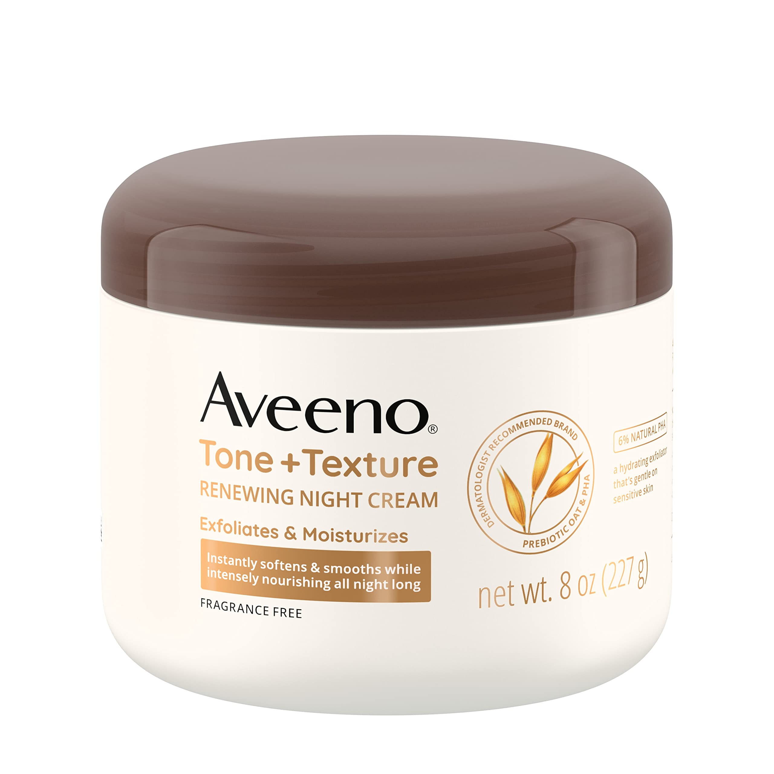 Aveeno Tone + Texture Renewing Night Cream on bathroom shelf; gentle exfoliation and overnight moisture